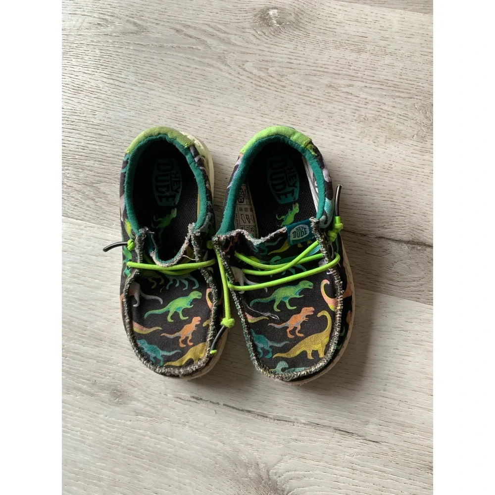 Hey Dude Wally Toddler Dino Black Lime Green Dinosaur Loafers Shoes Size 8T